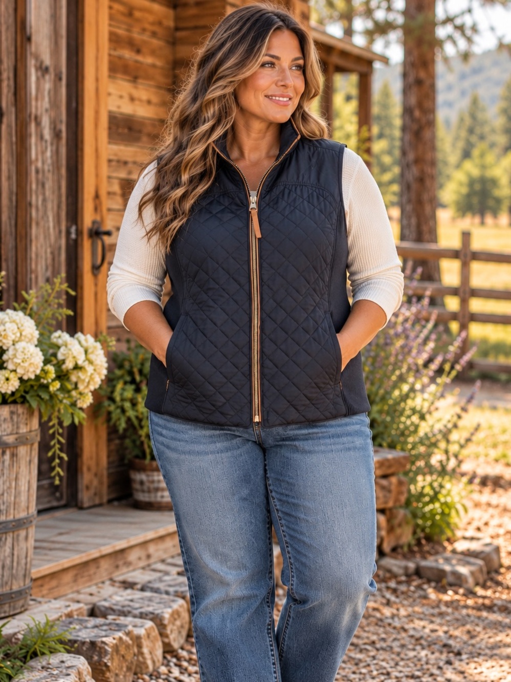 NorthCrest Black Women’s Puffer Quilted Vest Ribbed Stretch Faux Suede Trim 2XL